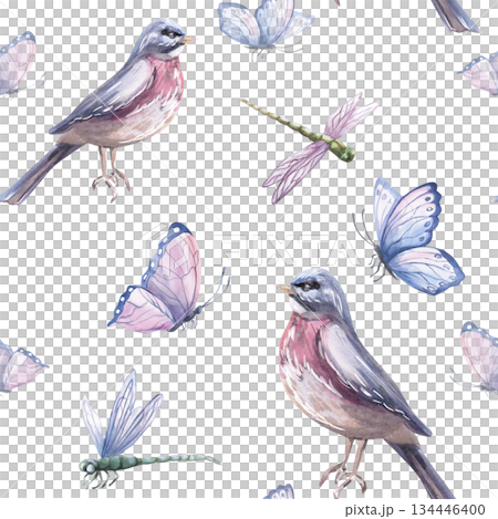 Seamless pattern with a bird, butterflies, and dragonflies. Watercolor illustration for interior design, fabric printing, and packaging. Seamless pattern with a bird, butterflies, and dragonflies. Watercolor illustration for interior design, fabric printing, and packaging. 134446400