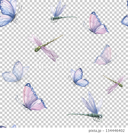 A seamless pattern with delicate butterflies and dragonflies. Watercolor illustration for interior design, fabric printing, and packaging. 134446402