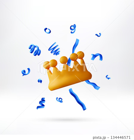 3D rendered golden crown with blue confetti 134446571