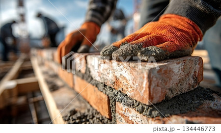 Construction worker laying bricks, creating sturdy wall on building site Construction worker laying bricks, creating sturdy wall on building site 134446773