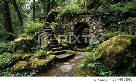 Stone steps leading to an archway in a mossy forest Stone steps leading to an archway in a mossy forest 134446840