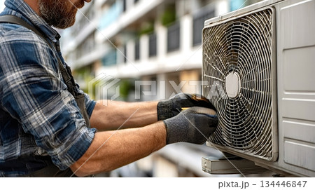 Technician cleaning air conditioner condenser unit with brush 134446847