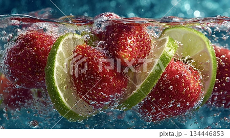 Strawberries and lime slices submerged in sparkling water with bubbles 134446853
