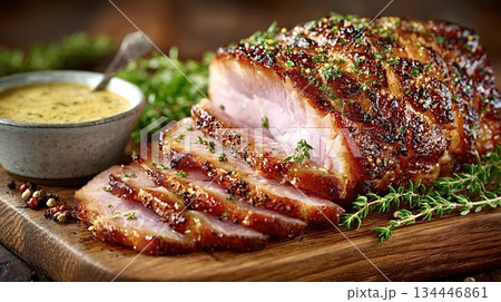 Sliced glazed ham with herbs and mustard sauce on cutting board 134446861