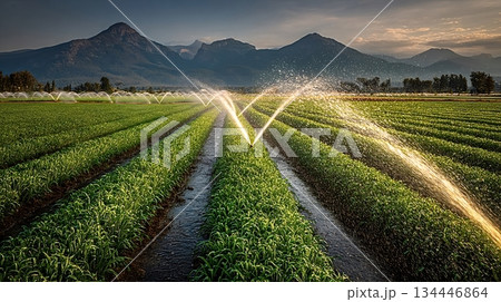 Irrigation system watering green crops in cultivated agricultural field at sunset Irrigation system watering green crops in cultivated agricultural field at sunset 134446864