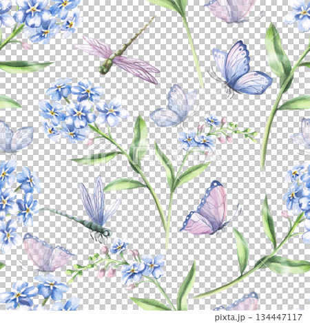 A seamless pattern with delicate forget-me-nots, dragonflies, and butterflies. Watercolor illustration for interior design, fabric printing, and packaging. 134447117