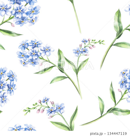 A seamless pattern with delicate forget-me-nots. Watercolor illustration for interior design, fabric printing, and packaging. A seamless pattern with delicate forget-me-nots. Watercolor illustration for interior design, fabric printing, and packaging. 134447119