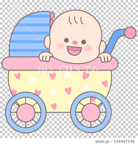 Cute Little Baby sitting in Baby Stroller 134447144