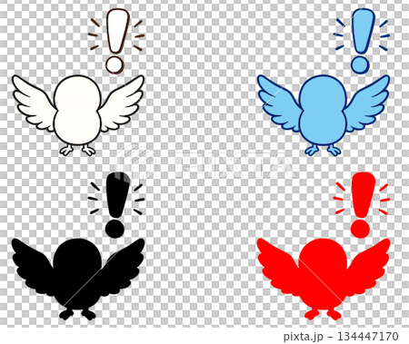 びっくりマークの羽を広げた小鳥のアイコン（4色セット） 134447170