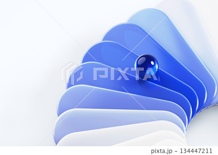 3d blue gradient glass layer texture with crystal sphere on white background. Abstract geometry design with rounded rectangle plate shapes and ball with reflection on glossy surface. 3D illustration 134447211