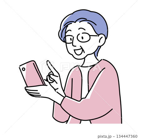 スマホを上手に使って喜ぶ高齢者女性のイラスト(60代・70代) スマホを上手に使って喜ぶ高齢者女性のイラスト(60代・70代) 134447360
