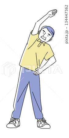 体操・ストレッチをする高齢者男性のイラスト｜健康的で前向きなシニアライフ 134447362