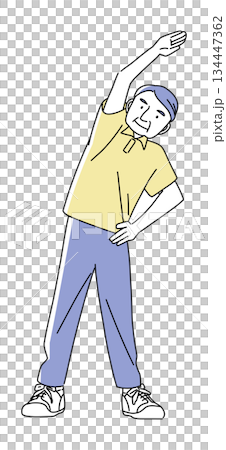 体操・ストレッチをする高齢者男性のイラスト｜健康的で前向きなシニアライフ 134447362