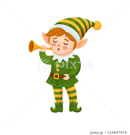 Christmas holiday elf cartoon magic adorable character. Merry Christmas festive cheerful personage, winter fairytale boy cute vector character. Xmas elf happy mascot playing horn musical instrument Christmas holiday elf cartoon magic adorable character. Merry Christmas festive cheerful personage, winter fairytale boy cute vector character. Xmas elf happy mascot playing horn musical instrument 134447474