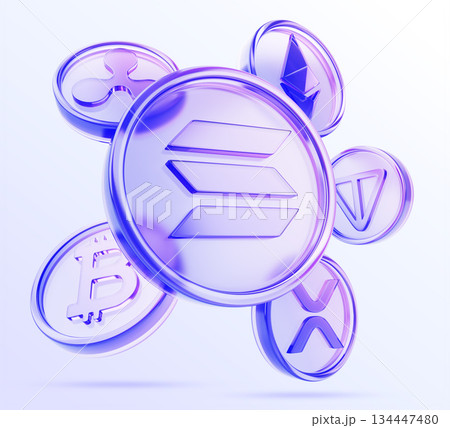 3d glass holographic cryptocurrency coins - solana, ethereum, bitcoin, toncoin and xrp ripple flying on purple background. Digital currency, altcoins, money tokens for crypto exchange. 3D illustration 134447480