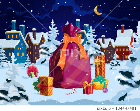 Christmas holiday gifts on snow with large red gift sack. Vector holiday card features candy cane, tree ornaments, festive town, and moon in night sky. Merry winter greetings and seasonal celebration 134447481