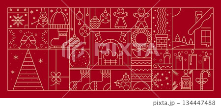 Christmas holiday line background with xmas ornament. Vector festive decorative pattern with outline fireplace, wreath, stockings, candles and snowflakes, tree, gifts and seasonal winter landscape Christmas holiday line background with xmas ornament. Vector festive decorative pattern with outline fireplace, wreath, stockings, candles and snowflakes, tree, gifts and seasonal winter landscape 134447488