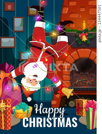 Merry Christmas holiday greeting card, Santa Claus hanging on a garland upside down in room. Vector cartoon shows festive interior with fireplace, holiday gifts, and Christmas decorations Merry Christmas holiday greeting card, Santa Claus hanging on a garland upside down in room. Vector cartoon shows festive interior with fireplace, holiday gifts, and Christmas decorations 134447501