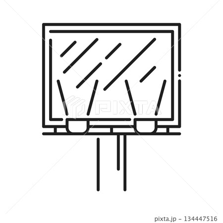 Trade show promo billboard stand display line icon or sign. Retail advertising stand display thin line pictogram, business promo billboard lineart vector sign. Presentation light box icon or symbol 134447516