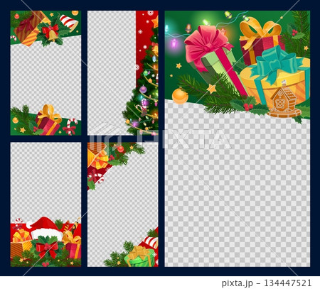 Winter holidays and Christmas photo frames, media post templates with gift, garland, and poinsettia decorations. Vector festive borders with candy canes, bells, and fir branches for holiday selfies 134447521