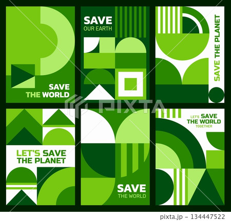 Save the Earth posters with geometric Bauhaus patterns. Environment protection and ecology saving vector banners or flyers. Save planet nature, Earth day posters with abstract Bauhaus shapes pattern Save the Earth posters with geometric Bauhaus patterns. Environment protection and ecology saving vector banners or flyers. Save planet nature, Earth day posters with abstract Bauhaus shapes pattern 134447522