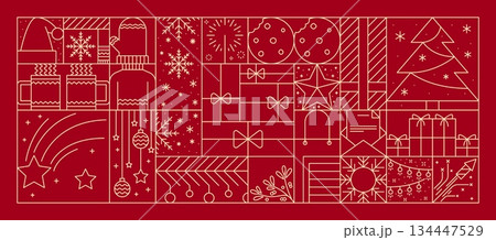 Christmas line pattern, holiday geometric background of vector Xmas tree and gifts ornament. Abstract red white line snowflakes, gift boxes, Christmas tree and ball ornaments, stars, cookies and bows Christmas line pattern, holiday geometric background of vector Xmas tree and gifts ornament. Abstract red white line snowflakes, gift boxes, Christmas tree and ball ornaments, stars, cookies and bows 134447529