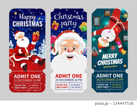 Christmas holiday party admit tickets with comical Santa Claus. Vector template features Santa sitting on gift bag, being showered with presents, and hanging upside down, tangled in decorations Christmas holiday party admit tickets with comical Santa Claus. Vector template features Santa sitting on gift bag, being showered with presents, and hanging upside down, tangled in decorations 134447536