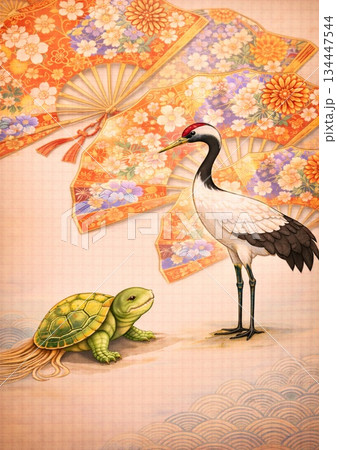 鮮やかな扇と鶴亀の吉祥画 134447544