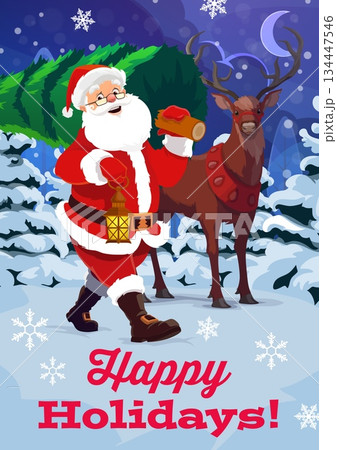 Merry Christmas and Happy Holidays greeting card with Santa and reindeer, cartoon vector. Christmas greetings for winter holiday, deer and Santa carry Xmas tree from night snowy forest with snowflakes Merry Christmas and Happy Holidays greeting card with Santa and reindeer, cartoon vector. Christmas greetings for winter holiday, deer and Santa carry Xmas tree from night snowy forest with snowflakes 134447546