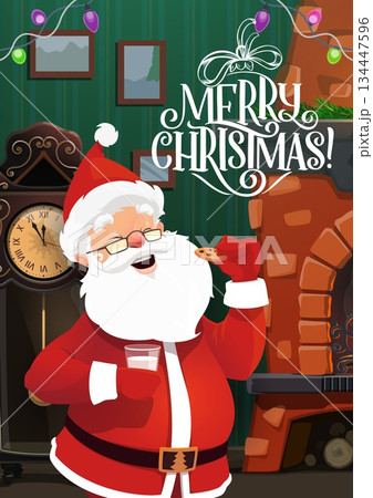 Merry Christmas greeting card showing Santa eating cookies and drinking milk by fireplace. Cartoon vector postcard features cozy interior with floor clock and Merry Christmas text. Xmas wishes 134447596