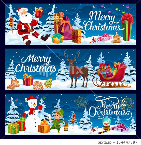 Merry Christmas holiday banners featuring Santa with gift, reindeer pulling sleigh, and dancing elf with snowman. Vector holiday scenes with presents, candies, and winter forest for greeting cards Merry Christmas holiday banners featuring Santa with gift, reindeer pulling sleigh, and dancing elf with snowman. Vector holiday scenes with presents, candies, and winter forest for greeting cards 134447597