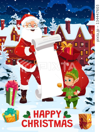 Merry Christmas holiday greeting card, cheerful Santa Claus with wishlist. Vector card features gift sack, snowy town background, and festive Christmas gifts for holiday greetings 134447603