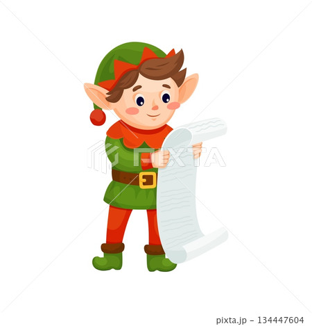Christmas holiday elf cartoon cheerful character. Winter celebration Santa Claus helper happy personage, Christmas holiday elf cheerful vector character, isolated vector mascot reading long wish list Christmas holiday elf cartoon cheerful character. Winter celebration Santa Claus helper happy personage, Christmas holiday elf cheerful vector character, isolated vector mascot reading long wish list 134447604