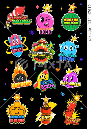 TNT bomb Y2K vintage stickers and dynamite retro patch labels, cartoon vector set. Bomb stickers with funny faces and burning wicks, bubble gum or cactus bomb with dynamite bang boom for retro patches 134447610