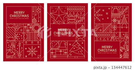 Merry Christmas and Happy New Year line posters with Xmas decorations. Vector Christmas holiday gifts and snowflakes, Xmas tree, lights and ornaments red white line pattern background posters set Merry Christmas and Happy New Year line posters with Xmas decorations. Vector Christmas holiday gifts and snowflakes, Xmas tree, lights and ornaments red white line pattern background posters set 134447612