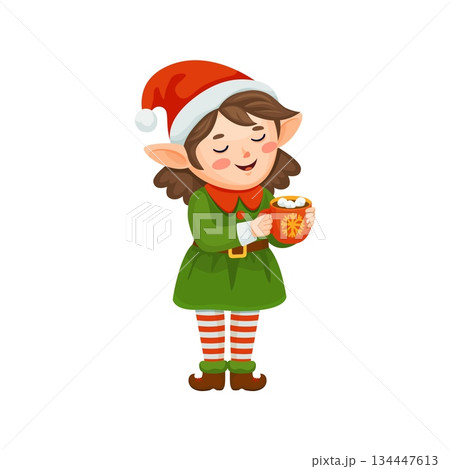 Christmas holiday elf girl cartoon fairy cheerful character. Santa Claus girl helper cute character, Xmas celebration fairytale cheerful vector mascot. Merry Christmas elf personage drinking hot cocoa Christmas holiday elf girl cartoon fairy cheerful character. Santa Claus girl helper cute character, Xmas celebration fairytale cheerful vector mascot. Merry Christmas elf personage drinking hot cocoa 134447613