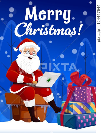 Christmas greeting card or poster, Santa on roof with laptop and winter holiday gifts. Merry Christmas greetings with Santa sitting on chimney and reading wishes for gifts on notebook for Xmas holiday Christmas greeting card or poster, Santa on roof with laptop and winter holiday gifts. Merry Christmas greetings with Santa sitting on chimney and reading wishes for gifts on notebook for Xmas holiday 134447644