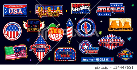 Retro Y2K USA American stickers and vintage United States patch labels vector set. USA stickers or America pin badges with US flag and American state New York city with patriotic quotes and slogans Retro Y2K USA American stickers and vintage United States patch labels vector set. USA stickers or America pin badges with US flag and American state New York city with patriotic quotes and slogans 134447651