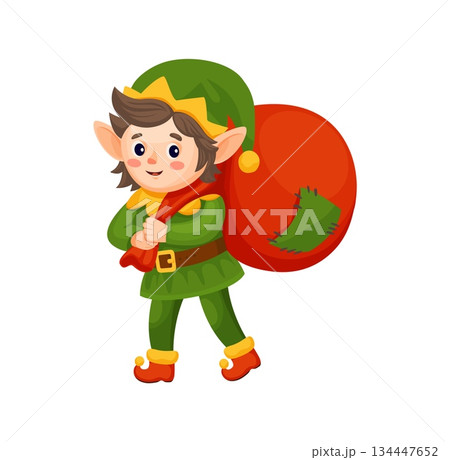 Christmas celebration elf cartoon fairytale funny character. Xmas celebration Santa Claus helper cute personage, Christmas holiday elf isolated vector character carrying sack with gifts on back 134447652
