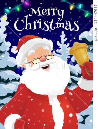 Merry Christmas holiday greeting card, Santa Claus with jingle bell, cartoon vector. Christmas greetings for winter holiday, happy Santa ringing golden bell in trees decorated with Christmas lights 134447657