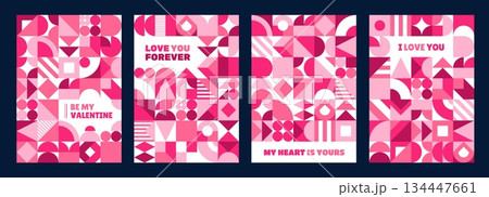 Valentine day holiday greeting cards with geometric shapes pattern, vector posters. Valentine day, wedding or marriage greeting cards with love forever quotes and abstract geometric or mosaic shapes Valentine day holiday greeting cards with geometric shapes pattern, vector posters. Valentine day, wedding or marriage greeting cards with love forever quotes and abstract geometric or mosaic shapes 134447661