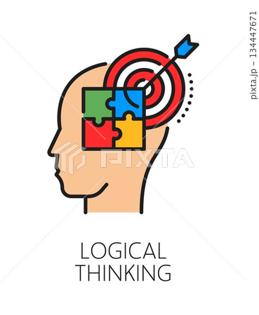 Logical thinking cognitive ability color line icon or label. Cognitive ability vector icon, brain function symbol. Logical thinking mental capability sign with human head silhouette, puzzle and target 134447671
