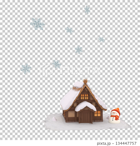 Snowman, winter scenery of an old house in the north, and snow crystals Snowman, winter scenery of an old house in the north, and snow crystals 134447757