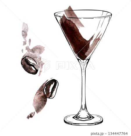 Classic Espresso Martini cocktail in glass, chocolate splatter, coffee beans garnish. Ink outline and watercolor shading, isolated hand-drawn illustration for digital art, packaging, culinary layouts. 134447764