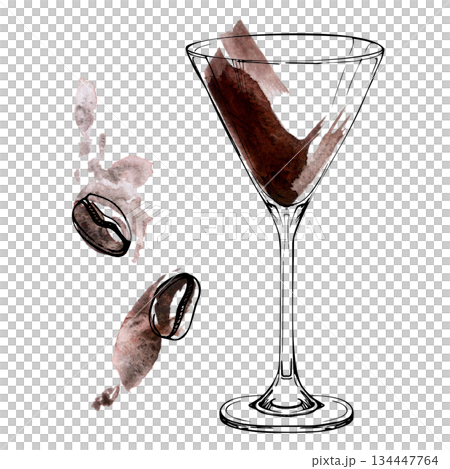Classic Espresso Martini cocktail in glass, chocolate splatter, coffee beans garnish. Ink outline and watercolor shading, isolated hand-drawn illustration for digital art, packaging, culinary layouts. 134447764