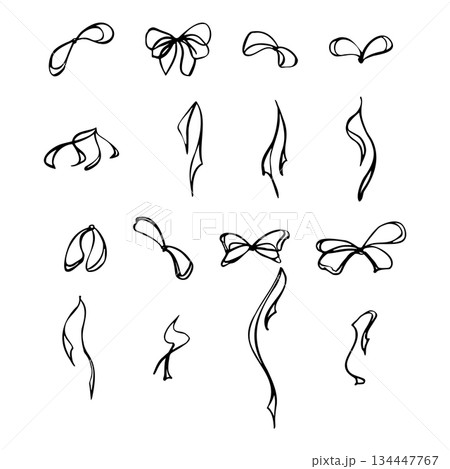 Assorted elegant ribbon bows and tail ends, thin string line in doodle sketch style. Vector isolated clipart set hand drawn in ink for sophisticated packaging, invitation decor, and gift wrap designs. 134447767