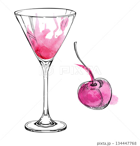 Bright pink lady Cosmopolitan cocktail, strawberry daiquiri with cherry berry garnish, watercolor wash splash, ink lines. Isolated illustration for event graphics, product packaging, bar print kits Bright pink lady Cosmopolitan cocktail, strawberry daiquiri with cherry berry garnish, watercolor wash splash, ink lines. Isolated illustration for event graphics, product packaging, bar print kits 134447768