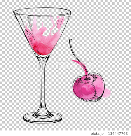 Bright pink lady Cosmopolitan cocktail, strawberry daiquiri with cherry berry garnish, watercolor wash splash, ink lines. Isolated illustration for event graphics, product packaging, bar print kits Bright pink lady Cosmopolitan cocktail, strawberry daiquiri with cherry berry garnish, watercolor wash splash, ink lines. Isolated illustration for event graphics, product packaging, bar print kits 134447768