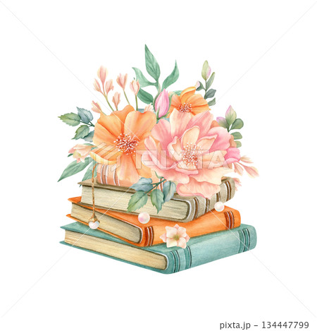 Flowers on stack of books. Cozy spring summer floral composition with peony, freesia, leaves, pearl and vintage literature. Watercolor hand drawn isolated illustration. Blooming still life art Flowers on stack of books. Cozy spring summer floral composition with peony, freesia, leaves, pearl and vintage literature. Watercolor hand drawn isolated illustration. Blooming still life art 134447799