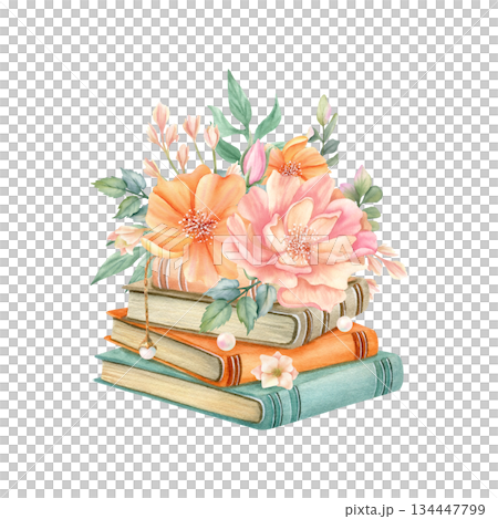 Flowers on stack of books. Cozy spring summer floral composition with peony, freesia, leaves, pearl and vintage literature. Watercolor hand drawn isolated illustration. Blooming still life art Flowers on stack of books. Cozy spring summer floral composition with peony, freesia, leaves, pearl and vintage literature. Watercolor hand drawn isolated illustration. Blooming still life art 134447799